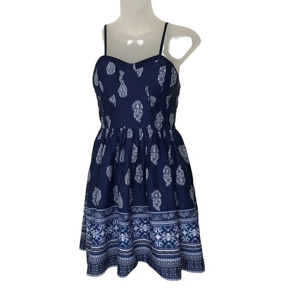 BAND Of Gypsies Navy Blue & White Boho Paisley Mini Dress Size S - Picture 1 of 7